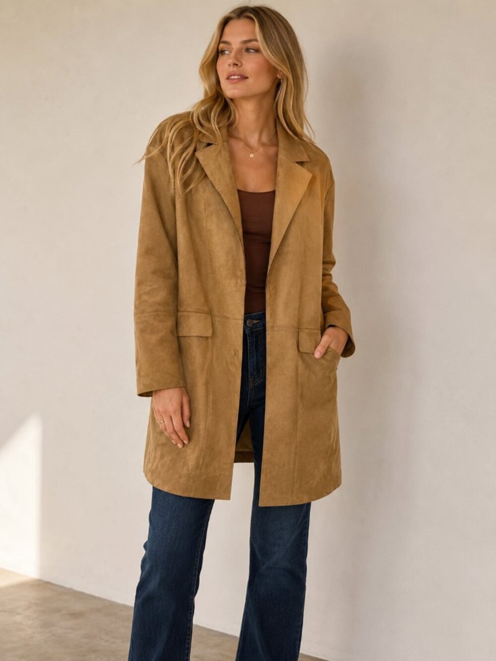 Brown Trench Coat Jacket Tan Faux Suede Camel Oversized Long Miniimalist XL